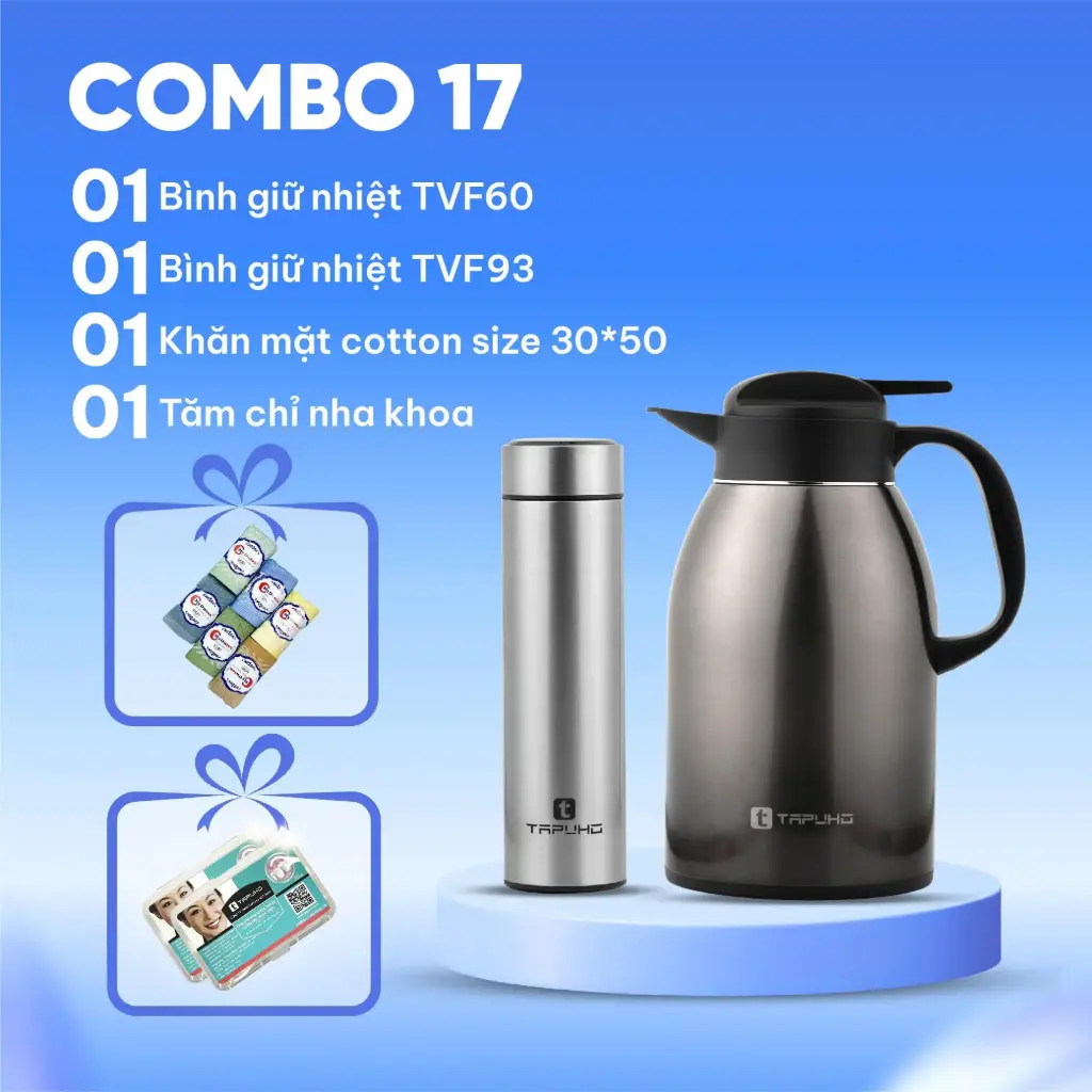 Combo (1 Bình giữ nhiệt TVF60 + 1 Bình giữ nhiệt TVF93 + 1 Khăn mặt cotton size 30×50 + 1 Tăm chỉ nha khoa)