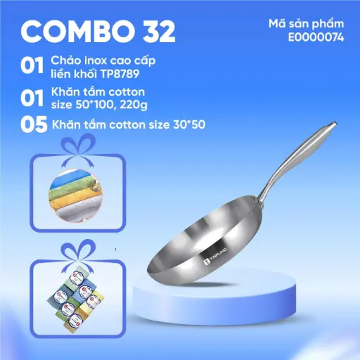 Combo (1 Chảo inox cao cấp liền khối TP8789 + 1 Khăn tắm cotton size 50×100 220g + 5 Khăn tắm cotton size 30×50 )