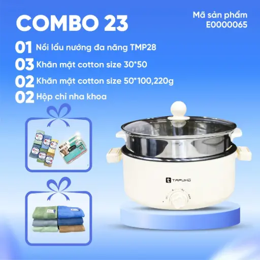 Combo (1 Nồi lẩu nướng đa năng TMP28 + 3 Khăn mặt cotton size 3050 + 2 Khăn mặt cotton size 50100, 220g + 2 Hộp chỉ nha khoa)